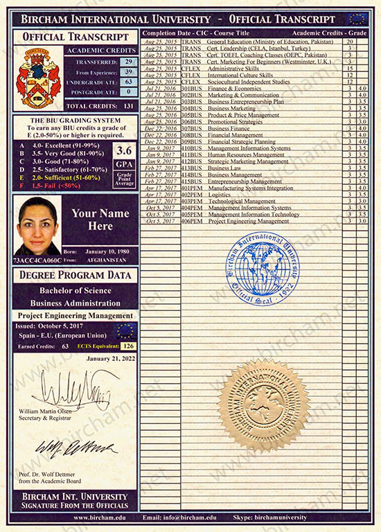 Transcript - Certificado de Notas Transcript - Certificado de Notas Bircham International University